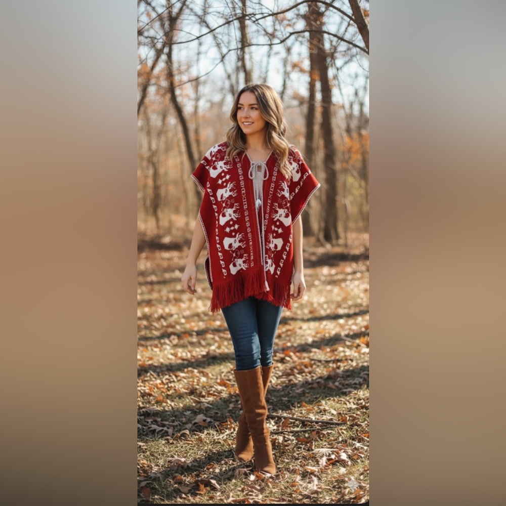 Vintage Style Mexico Knit Poncho Red Reindeer Fringe Boho Western Festival OS